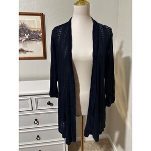 New Woman‎ Design Navy Blue Crochet Lace Back Open Front Cardigan Womens Medium